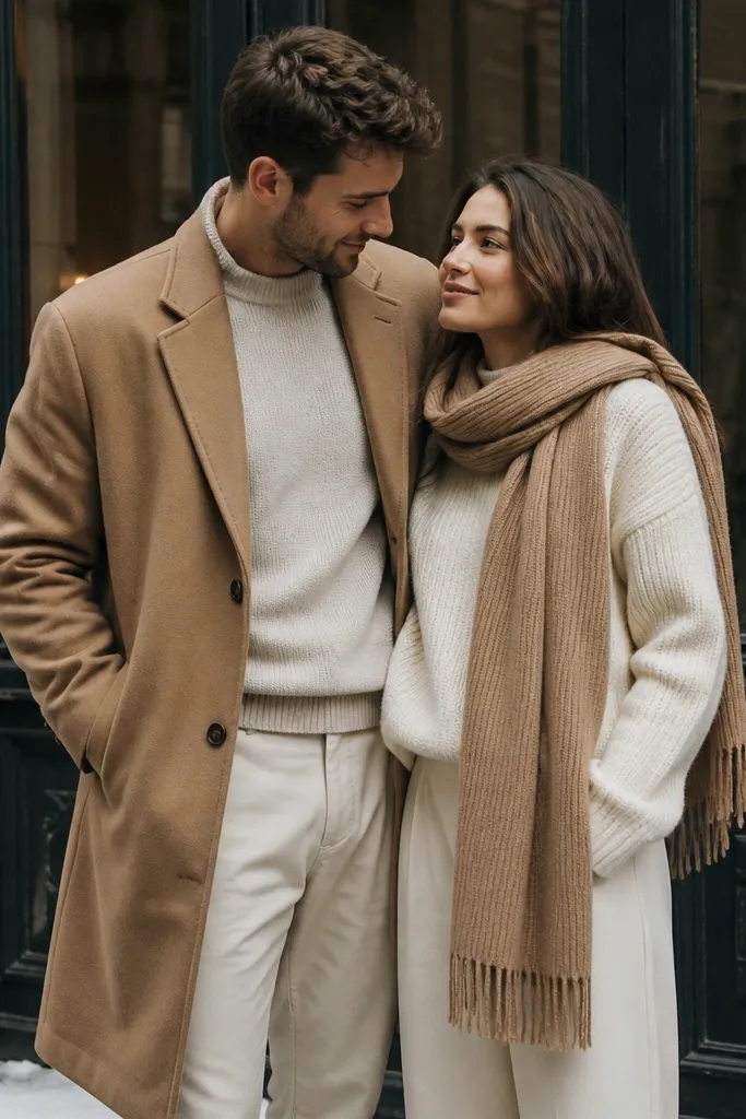 Winter street photo. Both wear camel and cream layers. One has a camel overcoat; the other wears a cream sweater with a camel scarf. They stand close in front of a dark storefront door.