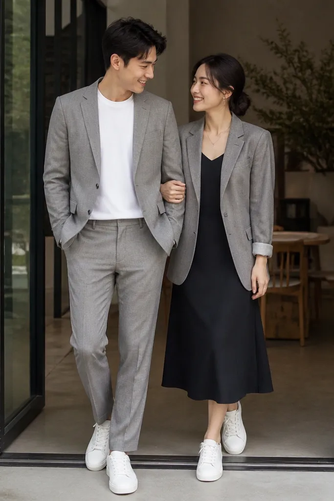 Casual indoor-to-outdoor photo. One partner wears a heather gray suit jacket and matching trousers with a white crewneck shirt and white sneakers. The other wears a gray blazer over a black midi dress and white sneakers.