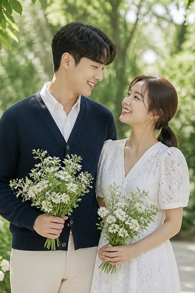 Garden background with soft greenery. One partner wears a white eyelet dress with short sleeves; the other wears a navy cardigan over a white shirt. They hold small bouquets and stand under dappled light.