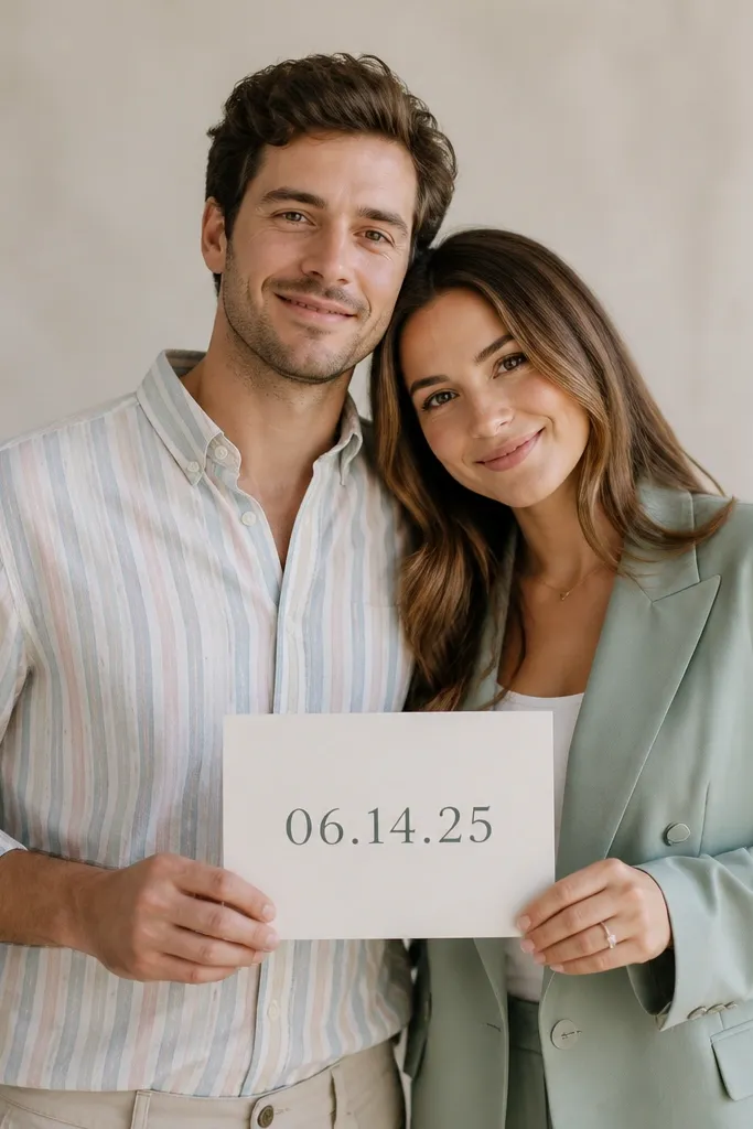 Indoor studio-style photo on a neutral backdrop. One partner wears a pastel striped button-down; the other wears a solid blazer in a matching muted tone. They hold a small sign with the date.