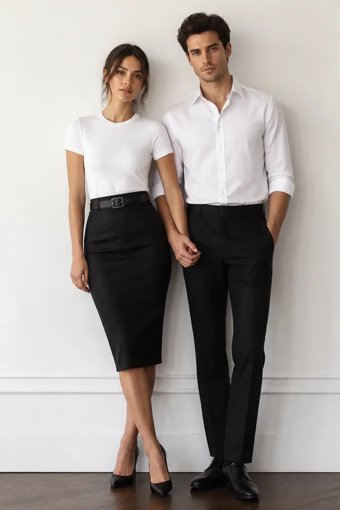 Clean indoor photo against a white wall. One partner wears a fitted white tee tucked into a black pencil skirt with a leather belt; the other wears a black trousers and white shirt combo. They stand side-by-side with hands lightly touching.