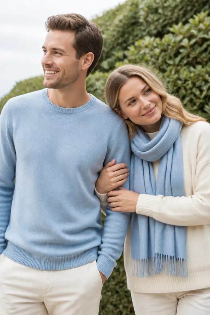 Soft daylight photo outdoors. One partner wears a powder blue sweater with cream chinos; the other wears a cream sweater with powder blue scarf. They stand near a hedge with a calm, airy feel.