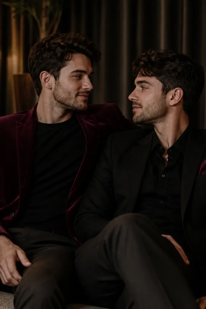Indoor evening setting. One partner wears a maroon velvet blazer over a black tee; the other wears a black outfit with a maroon pocket square. They sit on a couch with warm lamp light and a dark curtain background.
