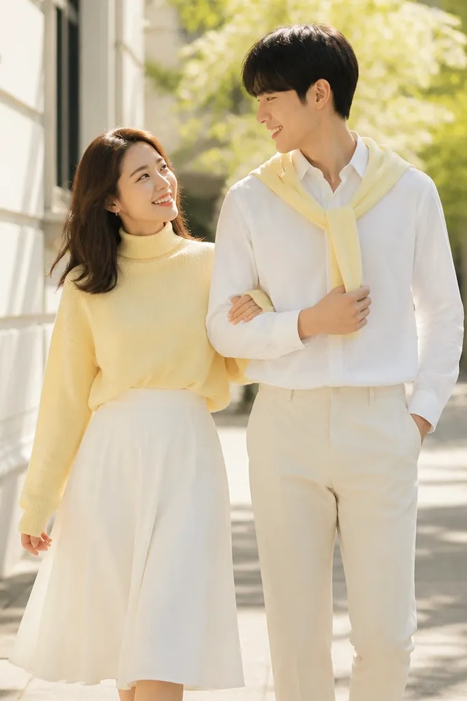 Sunlit outdoor photo. One partner wears a pastel yellow turtleneck with white midi skirt; the other wears a white shirt with pastel yellow accent scarf. They stand on a walkway with soft shadows.