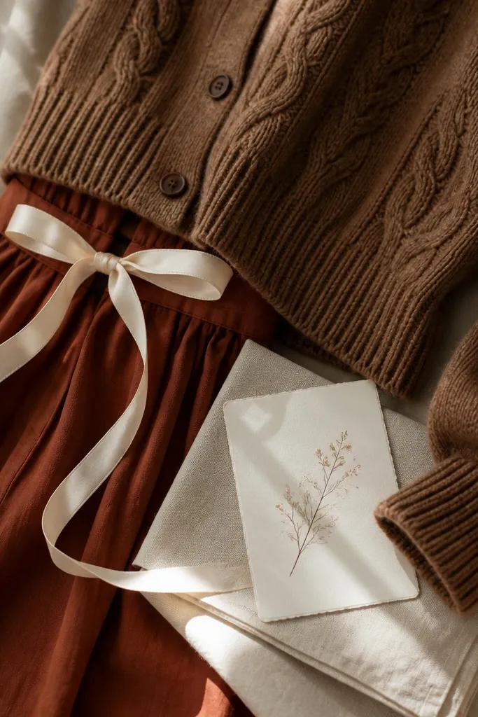 A warm mocha cable cardigan worn over a rust midi skirt, paired with a narrow cream ribbon tied into a bow at the waist. A small save-the-date card rests against the cardigan cuff on a linen napkin, with the ribbon trailing off-frame and catching soft window light.