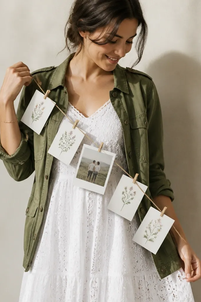 An olive field jacket worn open over a white eyelet dress. Several small save-the-date cards are clipped to a thin twine line with mini wooden clothespins, and a Polaroid-style card sits in the center. The background is a pale wall with soft shadows, and the twine line crosses diagonally from the jacket shoulder toward the skirt hem.