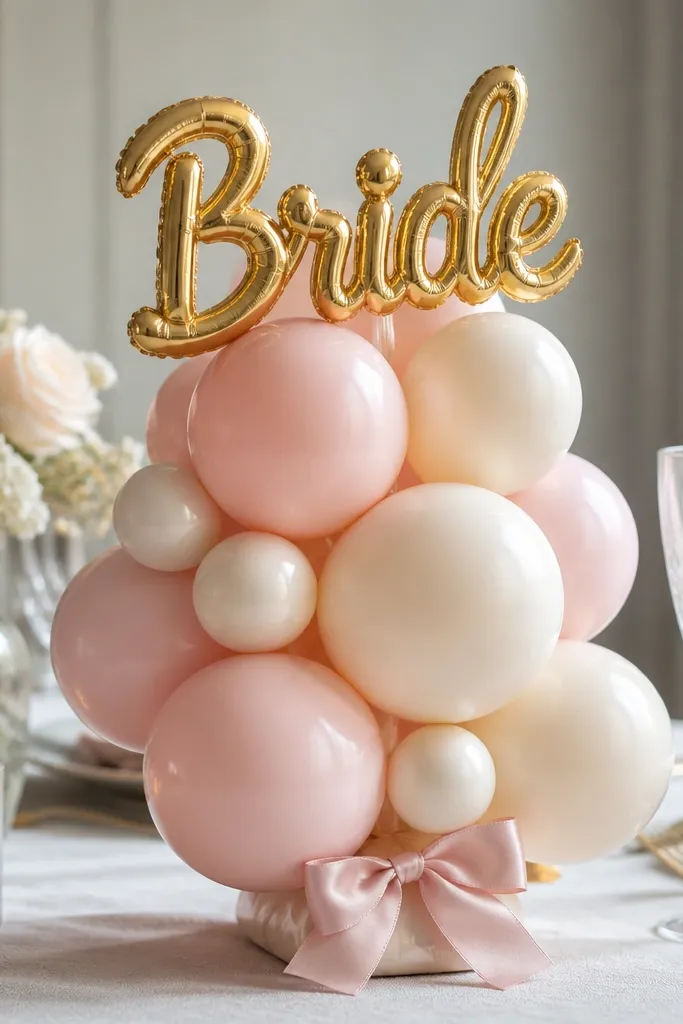 A tabletop balloon cluster in blush and cream balloons, with one gold balloon topper that reads "Bride" and a small satin bow at the base.