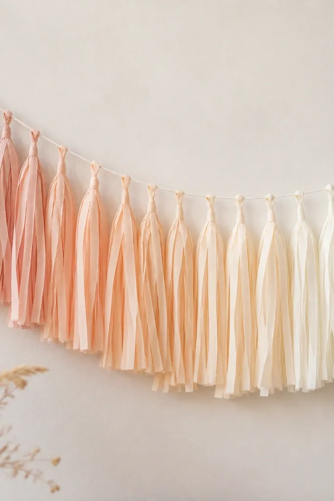 A wall garland made of crepe paper tassels that fades from blush at one end to cream at the other, with a thin white string holding the strands.