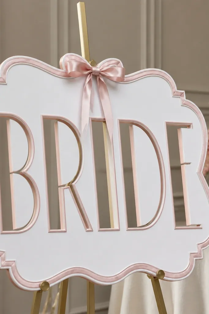 A large foam board sign with the bride-to-be name cut out in bold letters, trimmed with satin ribbon in blush and white, mounted on a stand.