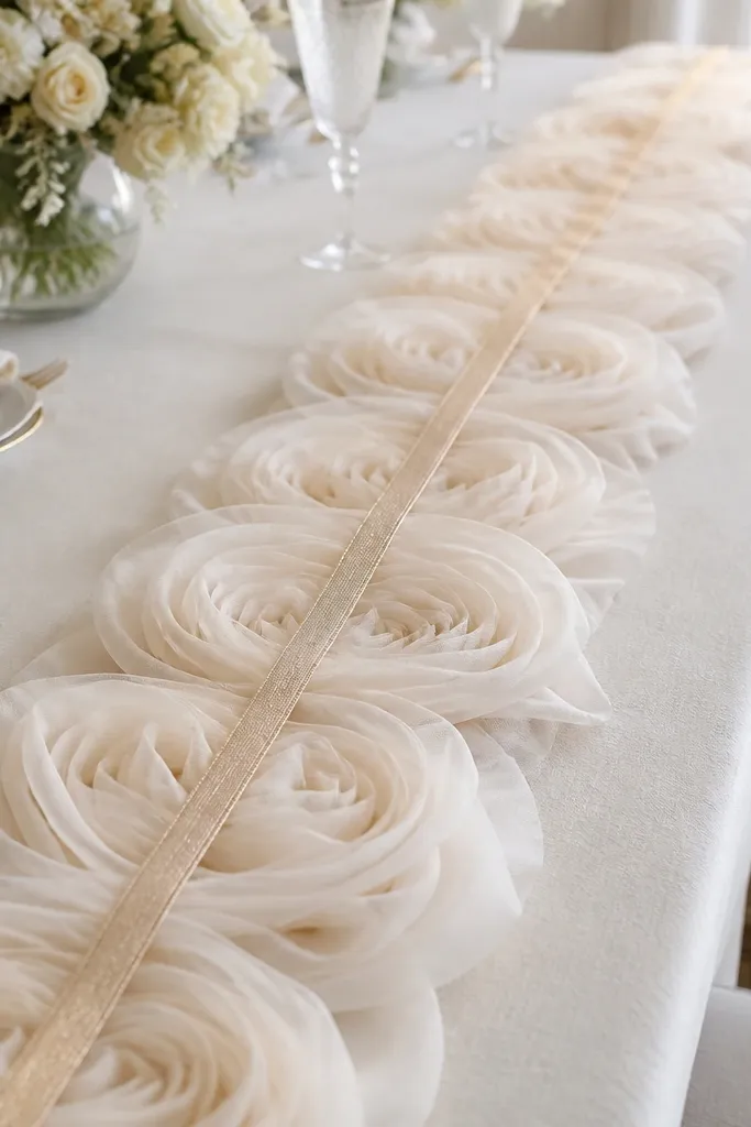 A long table runner made of layered tulle rosettes arranged in a line, with a narrow champagne-gold ribbon strip running down the middle.