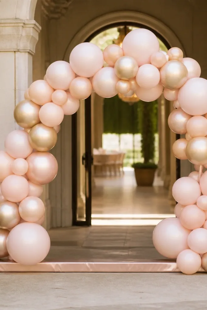 A small balloon arch at the entrance with champagne-gold and blush balloons, anchored on a horizontal strip wrapped in satin ribbon.