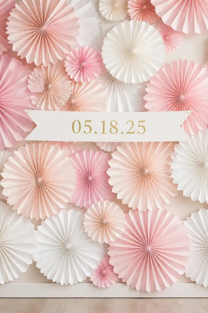 A wall covered with layered paper rosettes in blush, white, and light pink, with a small horizontal banner showing the date in gold letters.