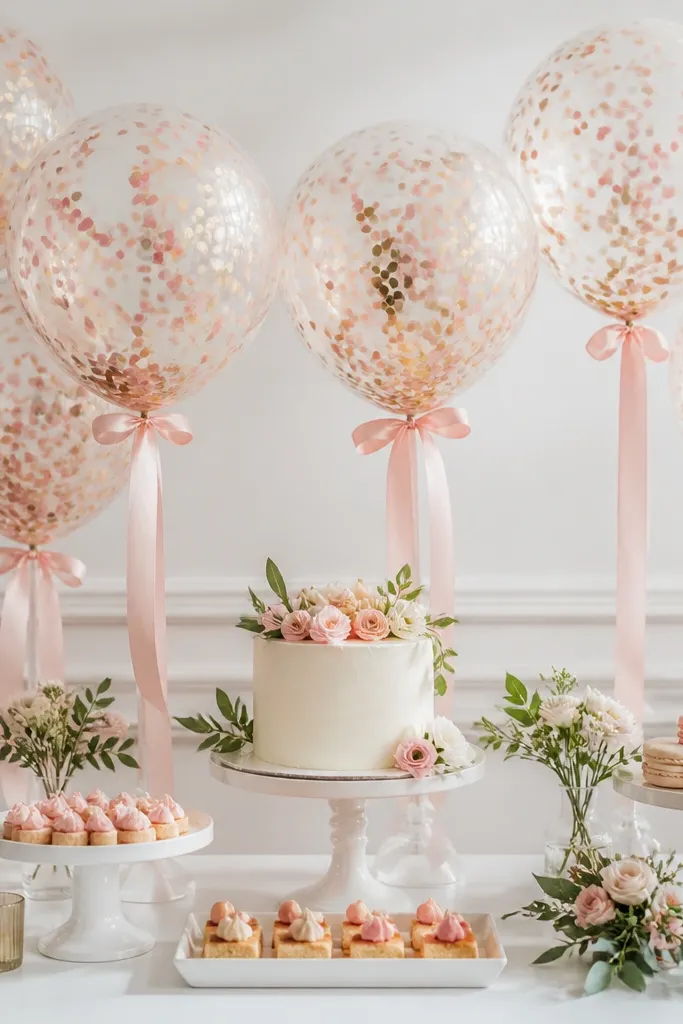 Clear balloons on the dessert table filled with pink and gold confetti, tied with satin ribbon and placed around a centerpiece.