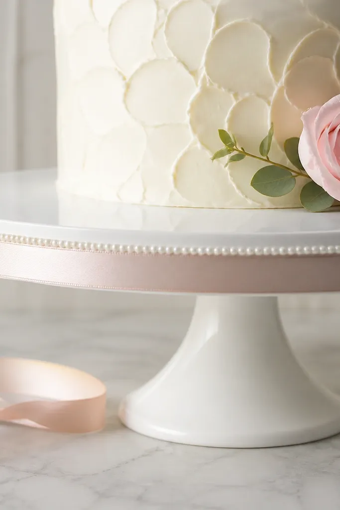 A white cake stand wrapped in blush satin ribbon along the base, with a thin line of faux pearls glued in a straight border.
