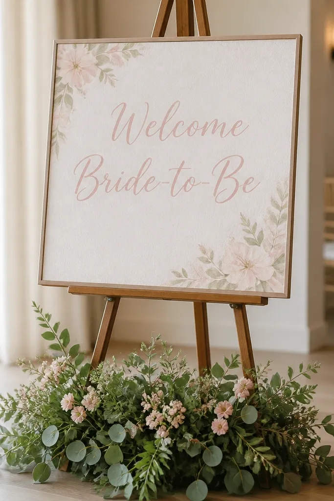 A standing easel sign that reads "Welcome Bride-to-Be" with blush lettering, set on a base of faux greenery and small blush flowers.