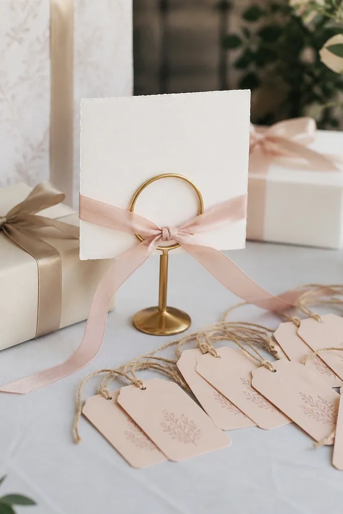 A gift table with a ribbon ring tied around a small sign, and multiple blush tags reading "Thank you" attached with twine.