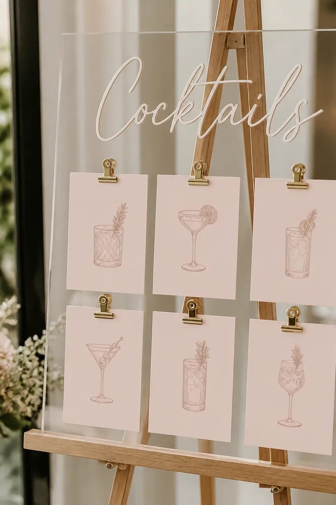 A clear acrylic sign on an easel with a "Cocktails" title, and small blush menu cards clipped below it.