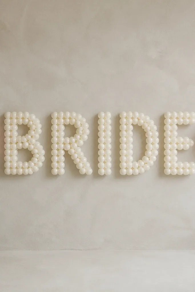 A horizontal spelling setup made of small balloons forming letters that read "BRIDE," with mini blush balloon clusters at both ends.