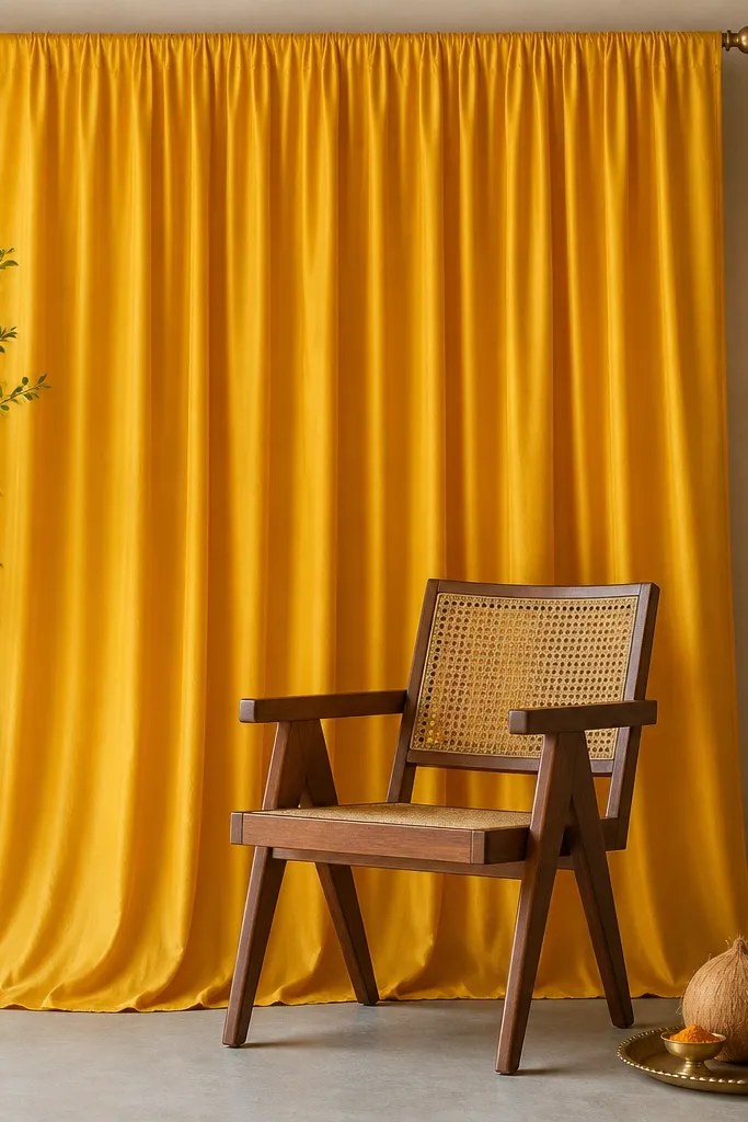 A 6-foot-wide stretch of mango-yellow satin drape hangs straight behind a chair. The top has a simple rod pocket tie, and the bottom edge falls in smooth folds. A small brass tray with a coconut and turmeric bowls sits at the front corner.