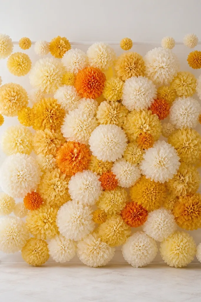 A simple backdrop made with a lightweight frame covered in layered paper pom-poms. Colors are ivory, mustard yellow, and a few marigold orange clusters. The pom-poms fill the center and thin out toward the edges.