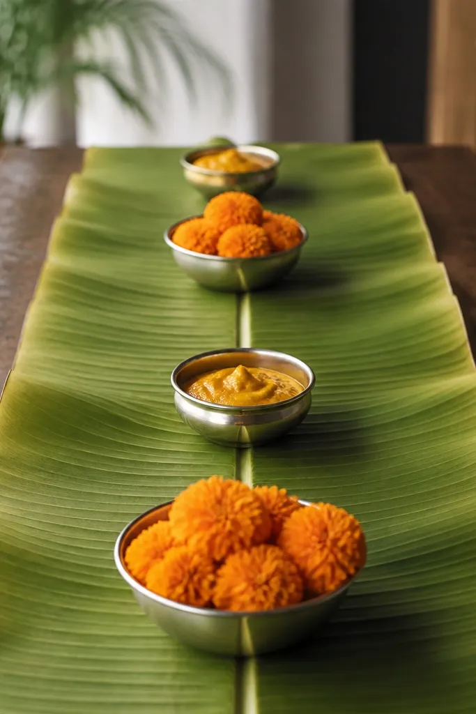 A banana leaf runner runs down the center of a table. Several steel bowls hold marigolds and turmeric paste. The leaves show natural veins and a slightly yellow-green tint.