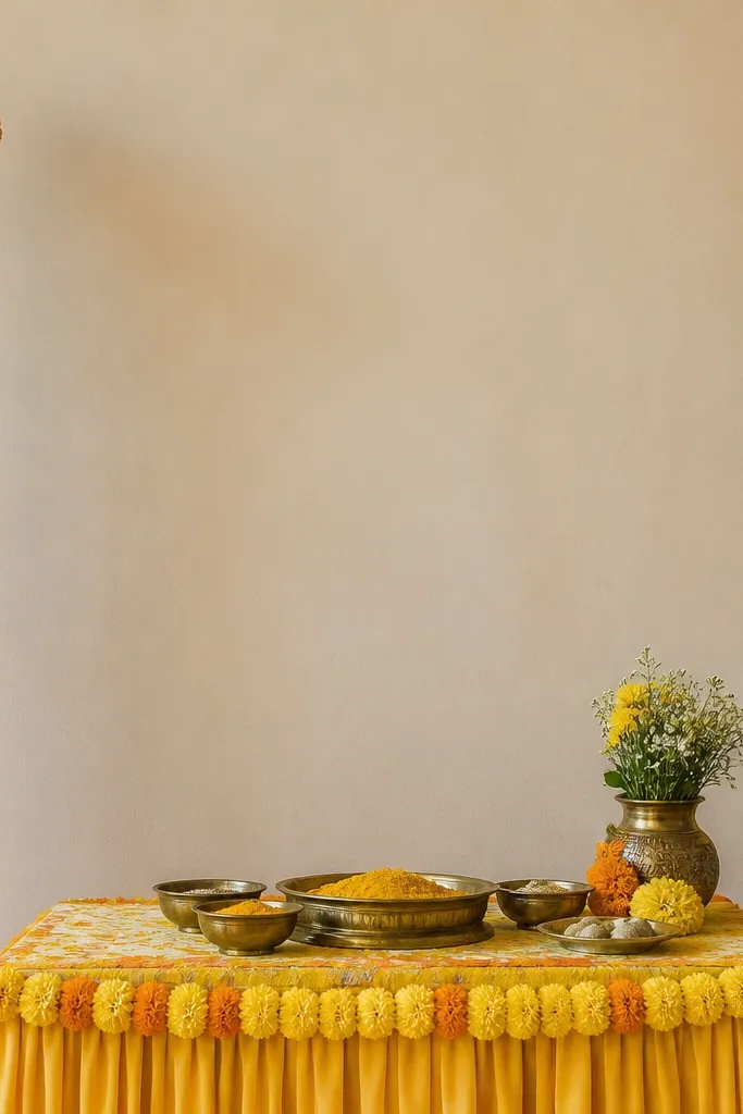 Two vertical bamboo sticks stand on either side of a haldi table. Each has a garland wrapped around it in a spiral, with marigold clusters at the top. The background is a plain wall.
