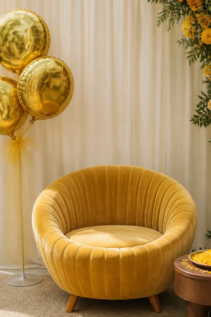 A cluster of gold foil balloons floats behind the haldi chair. Three balloons are grouped together, and marigold petals are scattered on a small side table. A sheer ribbon ties the cluster to a stand.