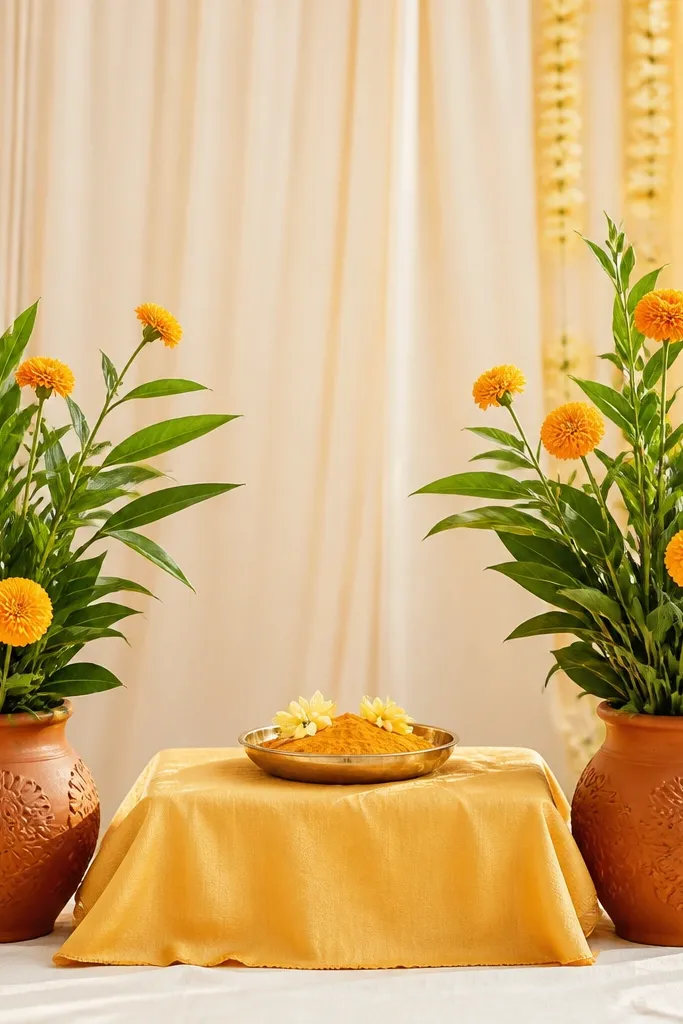 Two terracotta planters flank a haldi table. Inside each planter are marigold stems and fresh mango leaves, with a few marigold heads facing outward. The planters sit on a simple cloth.