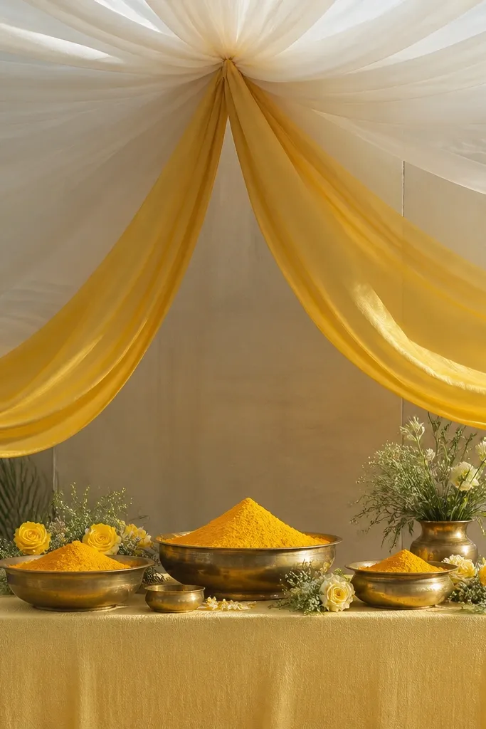 A layered fabric canopy hangs above a haldi table. Top layer is sheer ivory, bottom layer is yellow satin, both gathered in the center like a tent. The haldi bowls sit under the canopy.