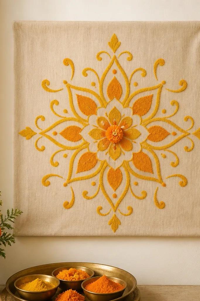 A cloth panel on the wall holds a rangoli-like stencil design. The pattern is made with saffron and gold powder lines, with a few small marigold dots at the center. The haldi tray sits below the panel.