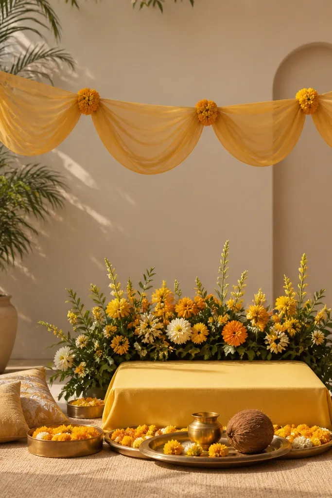 A gold tulle swag runs across a room like a clothesline decoration. Marigold knots are tied at regular intervals. The haldi setup is below the swag with a brass tray and coconut.