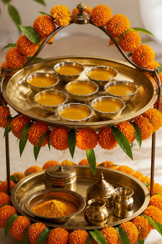 A two-tier metal stand holds a brass tray on the top and a second tray below. Marigold garlands wrap around the stand edges, and mango leaves sit between flowers. The haldi bowls are arranged neatly on the top tray.
