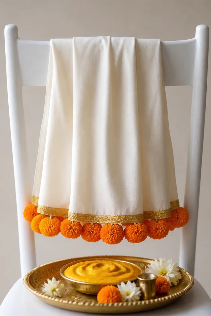 A white chair back has a long ivory cloth draped across it, with a marigold fringe tied along the bottom edge. The haldi tray sits in front, and the background wall is plain.