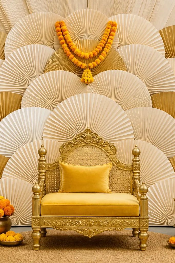 A fan-shaped backdrop made from folded paper fans in ivory and gold is arranged behind the haldi chair. The fans create a semicircle, with a small marigold garland at the center top. The wall behind is mostly covered.