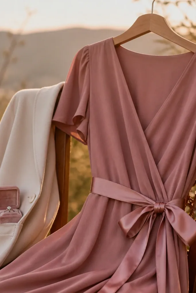 A dusty rose wrap dress is tied at the waist with a satin belt. The wrap neckline is visible, and the dress is photographed outdoors at golden hour. There's a small engagement ring box tucked into a pocket of a cream coat hanging on a chair.