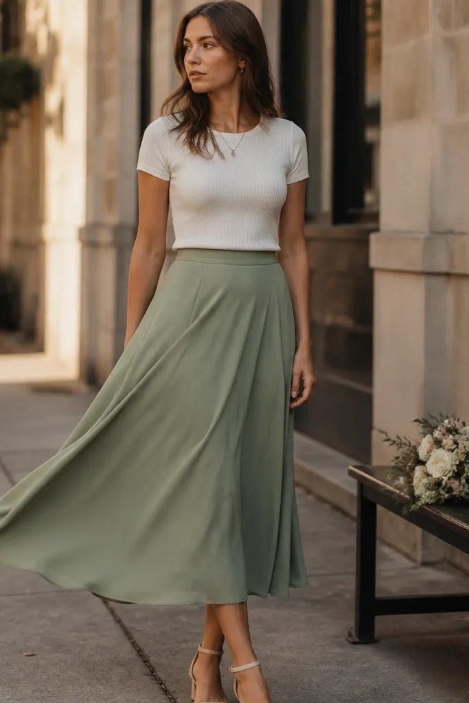 A sage green midi skirt sways in a light breeze. The top is a fitted white ribbed tee. The scene is a city sidewalk with soft evening light, and there's a small bouquet resting on a bench beside the skirt.