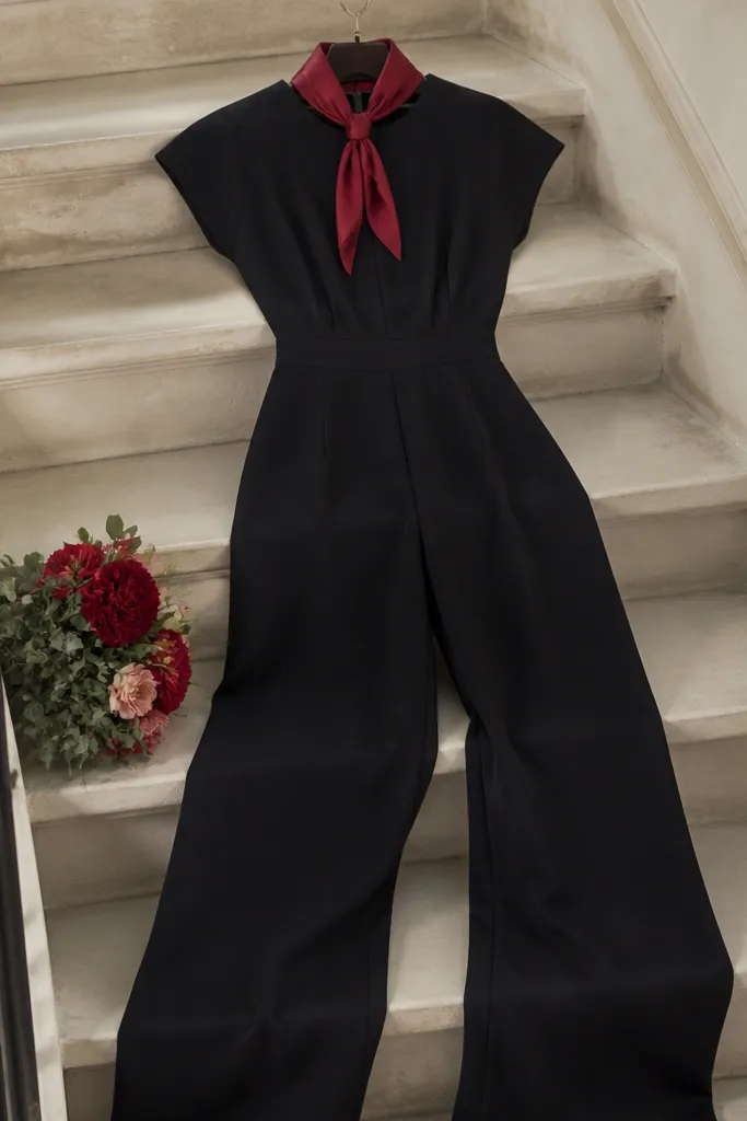 A black jumpsuit is photographed on a staircase. The legs are wide, and the waist is fitted. A red silk scarf is tied around the neck, and a small bouquet is placed near the handrail.