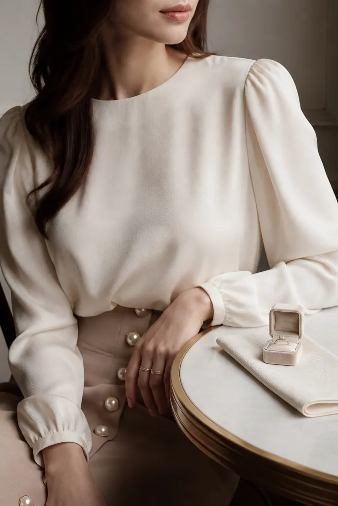 An ivory blouse with puff sleeves is tucked into a skirt with pearl-like buttons down the front. The photo shows a café table with a napkin and a small ring box centered on it.