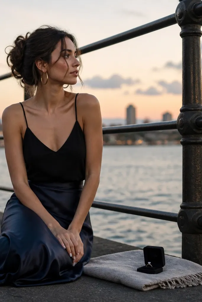 A navy satin skirt is paired with a simple black camisole. Gold hoop earrings are prominent. The scene is near a waterfront railing at dusk, and the ring box is on a small folded blanket.