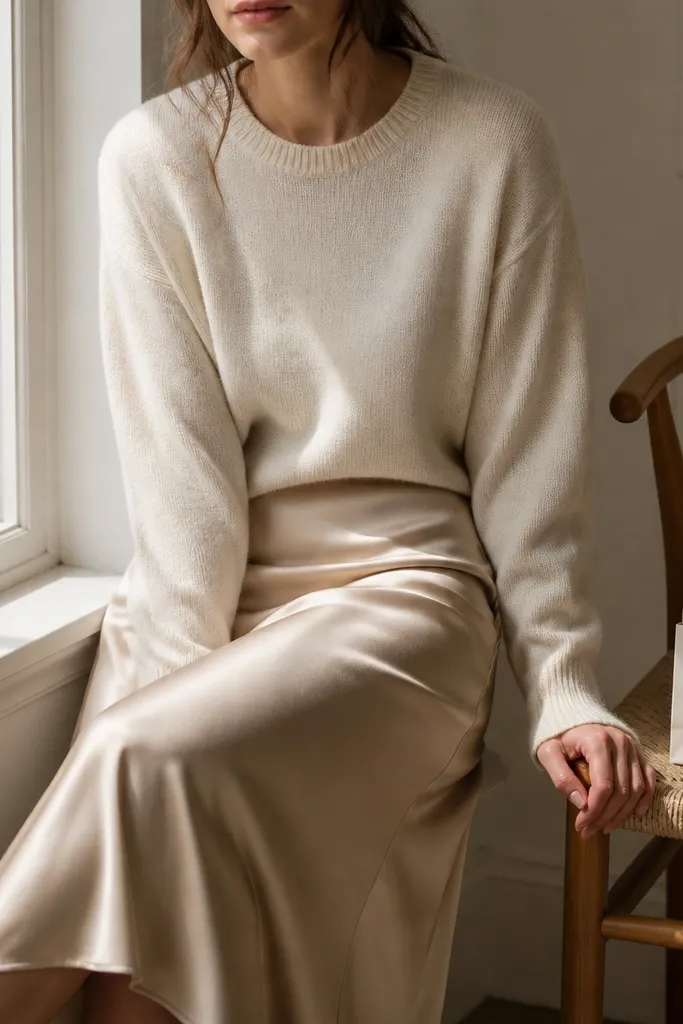 A champagne satin midi skirt is paired with a cream knit sweater. The photo is taken in daylight near a window, and a ring box is tucked into a small gift bag on a chair.
