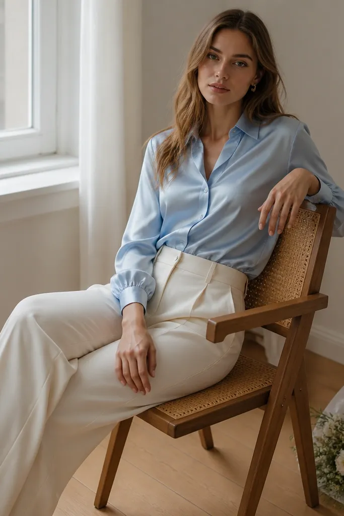A powder blue satin blouse is tucked into ivory tailored trousers. The photo is taken indoors near a bright window. A small bouquet is wrapped in tissue paper on the floor beside a chair.