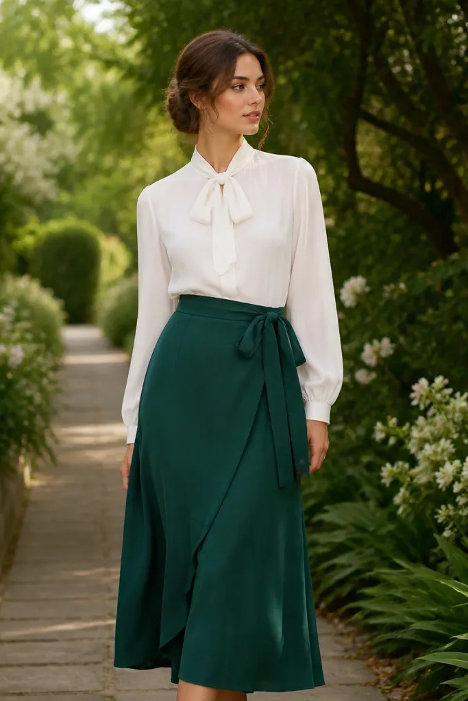 An emerald green wrap skirt is tied at the waist with a fabric sash. A white blouse with a bow at the neck sits above it. The scene is a garden path with greenery and soft daylight.