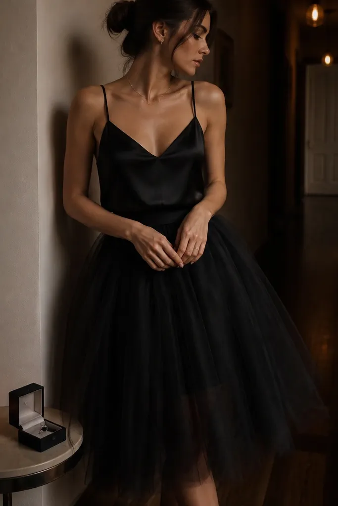 A black tulle skirt with a soft, layered look is paired with a silk camisole in black. The photo is taken in a dim hallway with warm light. The ring box sits on a small table next to a candle.