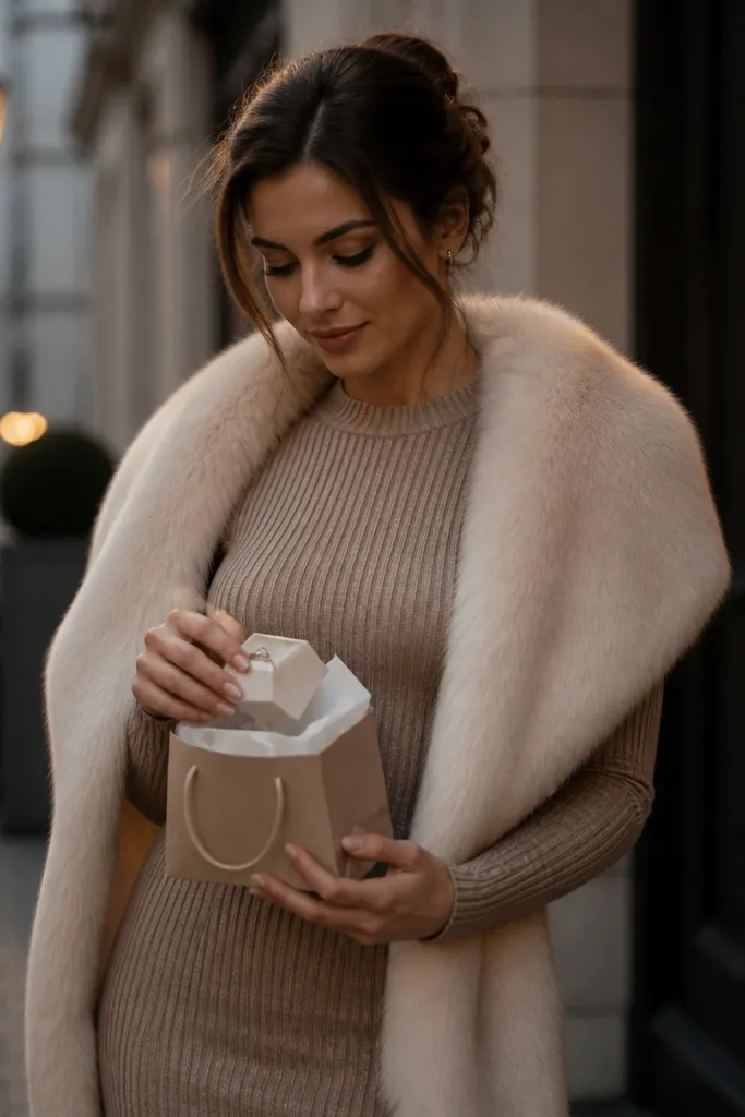 A tan knit dress is styled with a cream faux-fur stole draped over the shoulders. The photo is outdoors in cool weather with a warm streetlight glow. A ring box is held inside a small gift bag with white tissue.