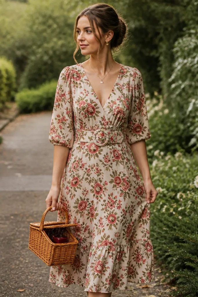 A rose print midi dress is cinched with a wide fabric belt. The photo is outdoors on a walkway with greenery. A small ring box is tucked into a picnic basket.