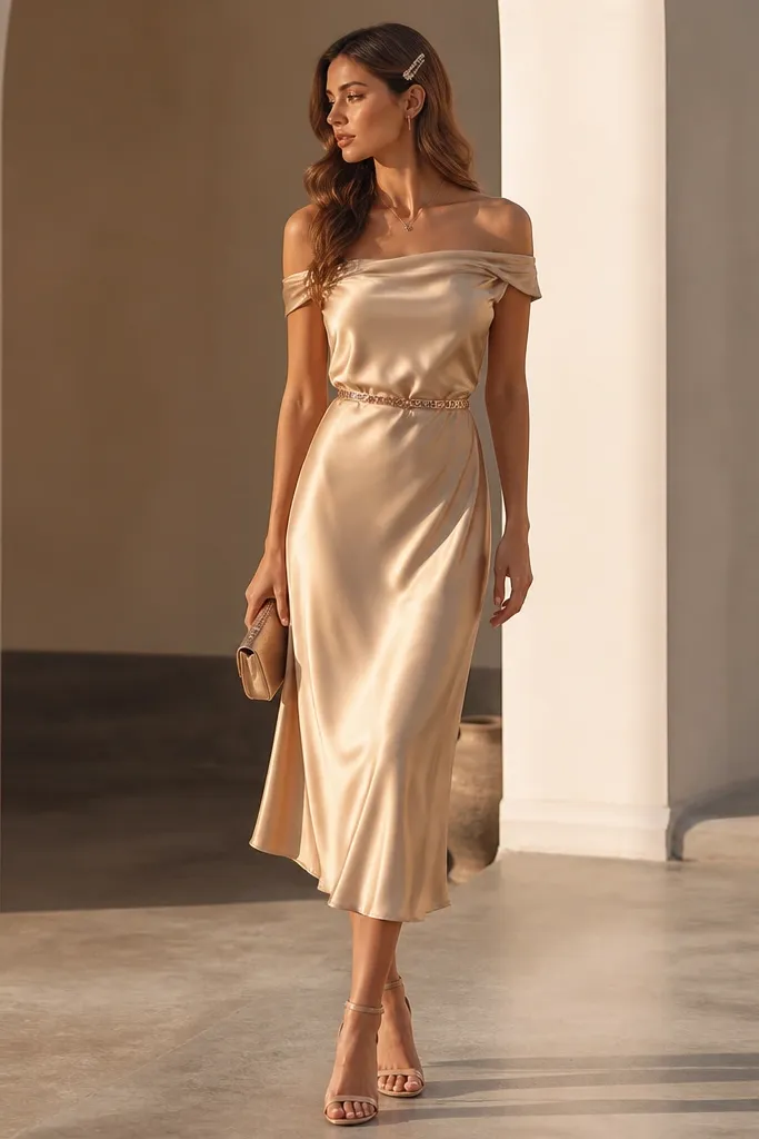 A champagne satin slip dress falling to mid-calf, caught at the waist by a rose-gold chain belt with small links. The neckline sits slightly off-shoulder, the fabric catches warm light, and the hem has a subtle bias drape. Styling includes nude strappy heels, a tiny satin clutch in the same champagne tone, and soft wavy hair with a single pearl pin near the temple.