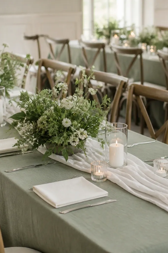 Long banquet tables covered in dusty sage linen with crisp ivory napkins folded into simple rectangles, paired with clear glass votives and small cream candles; soft green florals sit in the center on a low, white runner.