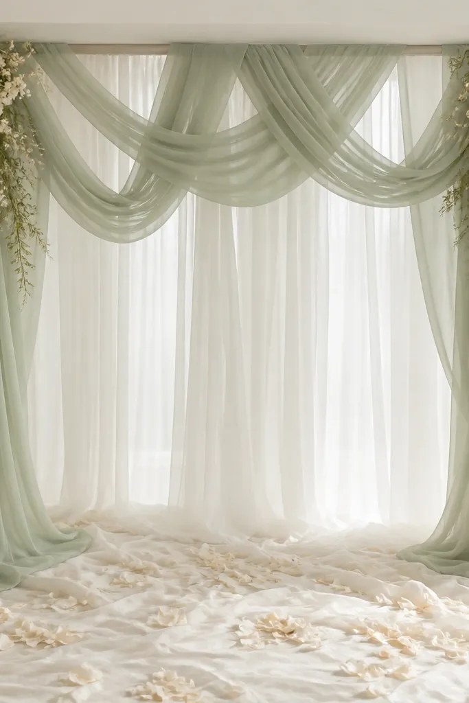 A ceremony arch area with flowing sage chiffon drapes hanging in soft loops behind a white sheer curtain; the floor is covered with light ivory fabric and scattered petals in cream tones.