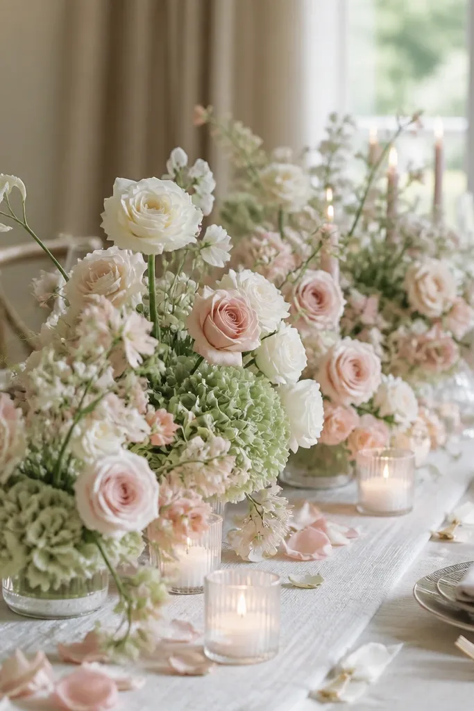Centerpieces made of pale sage flowers and blush blooms arranged on a long cream runner, with small candles and scattered petals in blush and ivory.