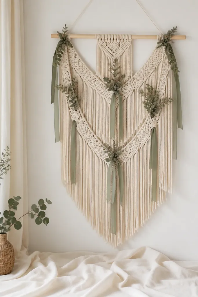 A photo corner with an ivory macrame wall hanging, sage ribbon tied in sections, and a few dried sage-green stems tucked into the knots; the floor is covered with cream fabric.